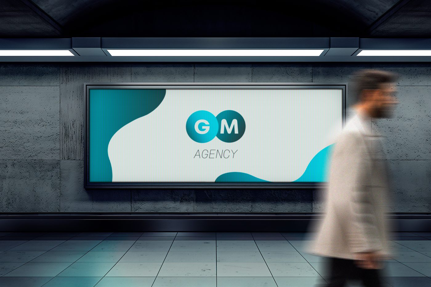 Painel com o logo da GM Agency em uma estação